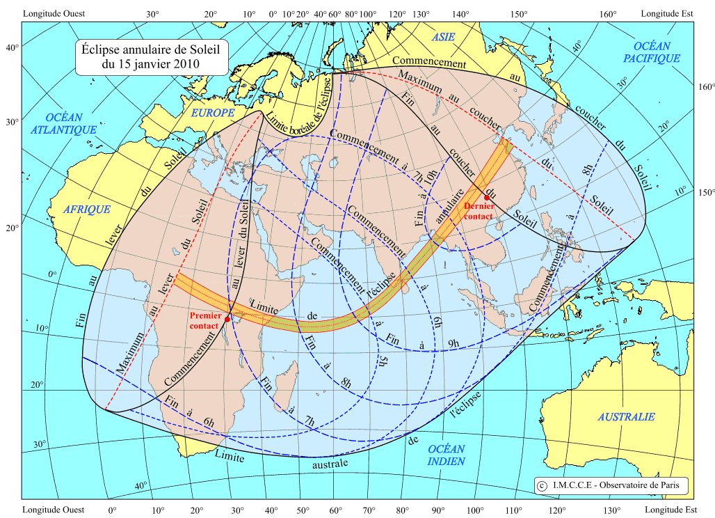 Carte de l'éclipse de Soleil du 15 janvier 2010