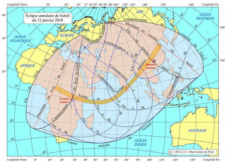 Carte de l’éclipse de Soleil du 15 janvier 2010